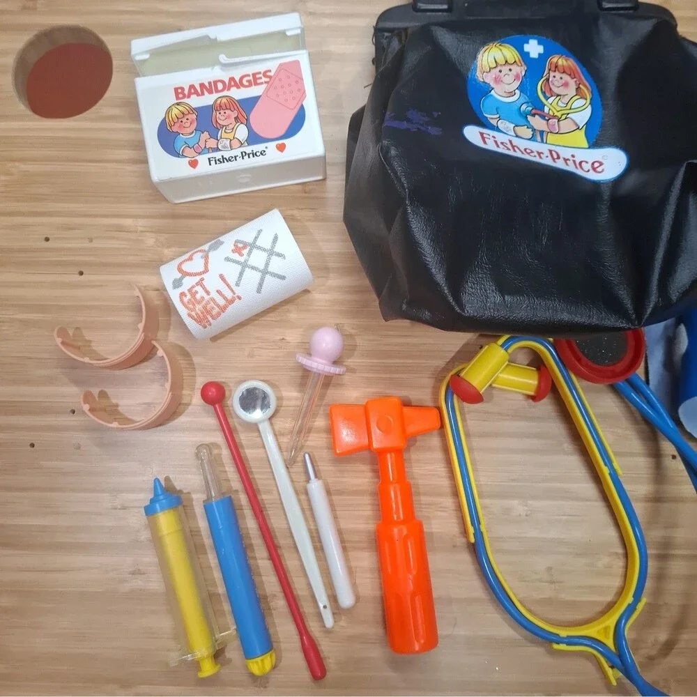 Vintage Fisher Price 1987 Black Medical Kit Bag Supplies Doctor Nurse Kids Toy